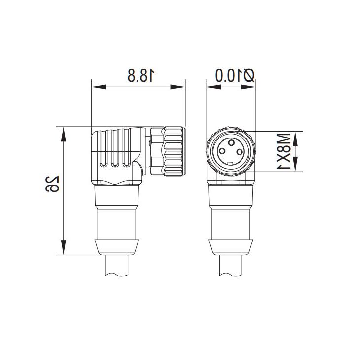 M8 3Pin、母头90°、带LED灯、单端预铸PUR柔性电缆、黑色护套、63S081-XXX