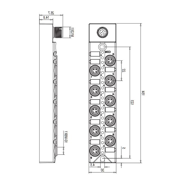 M8分线盒、PNP、10端口分体式、带LED、M12集成接口基座、23PAS1