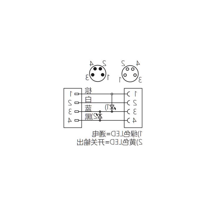 M8 4Pin、母头90°带LED灯转公头直型、双端预铸PVC非柔性电缆、灰色护套、63D183-XXX