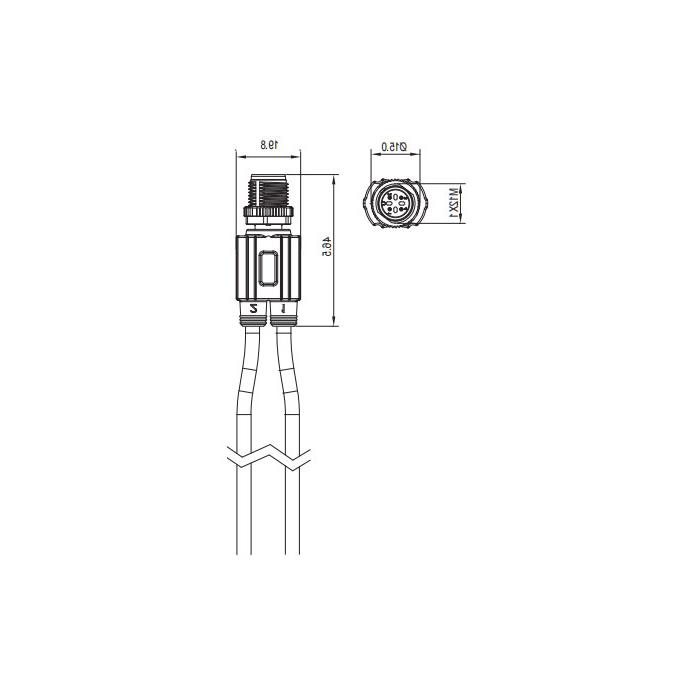 M12 4Pin male/2x Free end、Y-type pre cast PUR drag chain cable、Black sheath、 64SY01-XXX