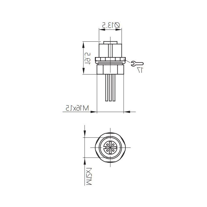 M12 5Pin、母头直型、法兰插座、板前安装、适用于现场焊接安装、64SA41H