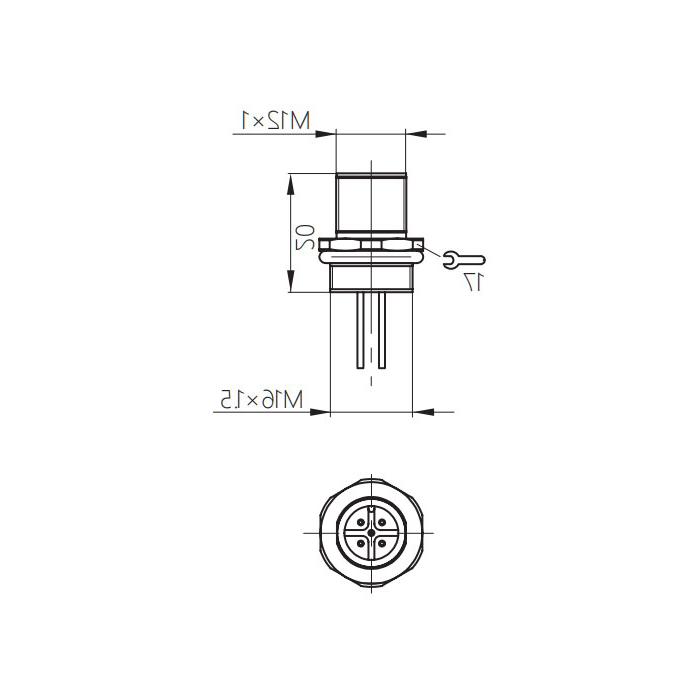 M12 4Pin、Male 、Flanged connector、Front board mount、PCB installation、64SA21P