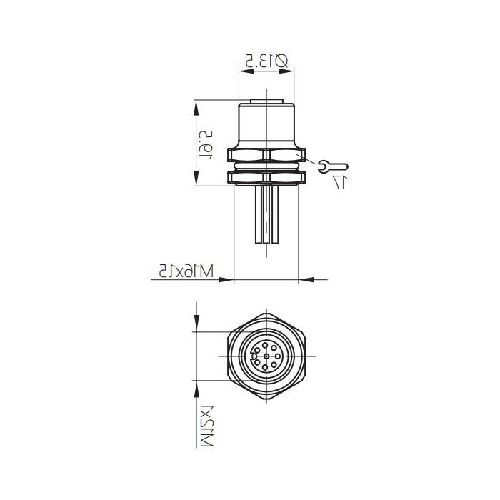 M12 8Pin、Female、Flanged connector、 Front board mount、PCB installation、64SB01P