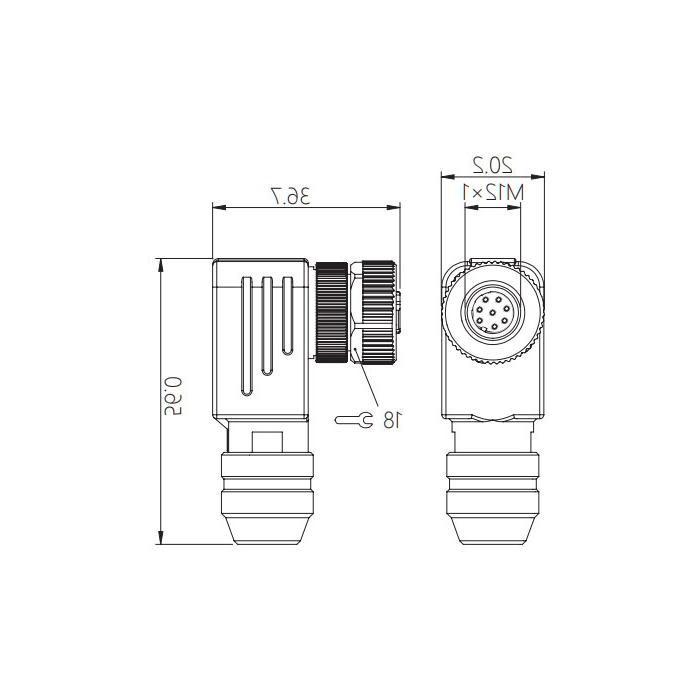 M12 8Pin、母头90°、螺钉连接、金属屏蔽、64F641 