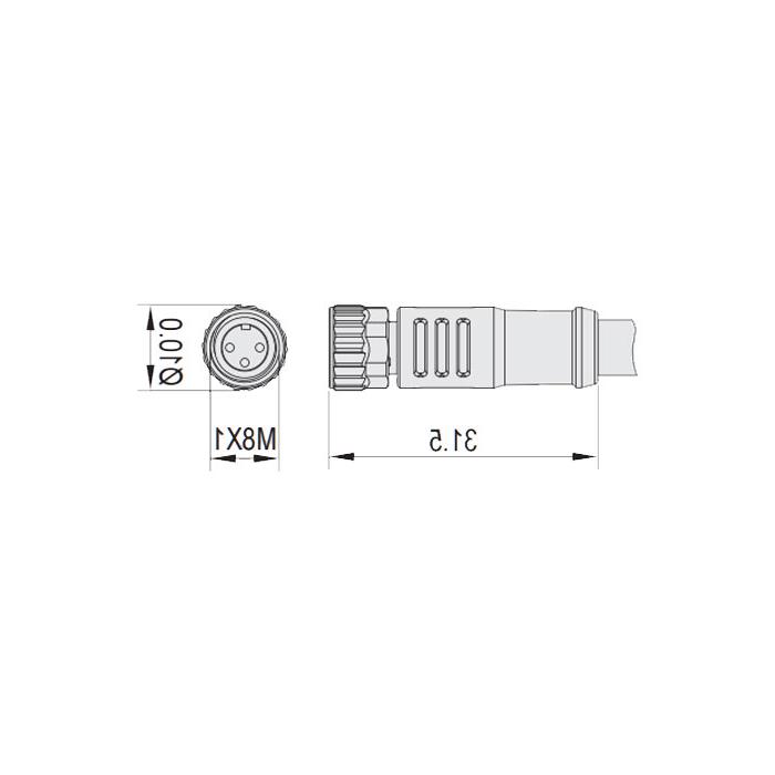 M8 3Pin、母头直型、耐高温120℃、单端预铸PUR柔性电缆、黑色护套、63H001-XXX