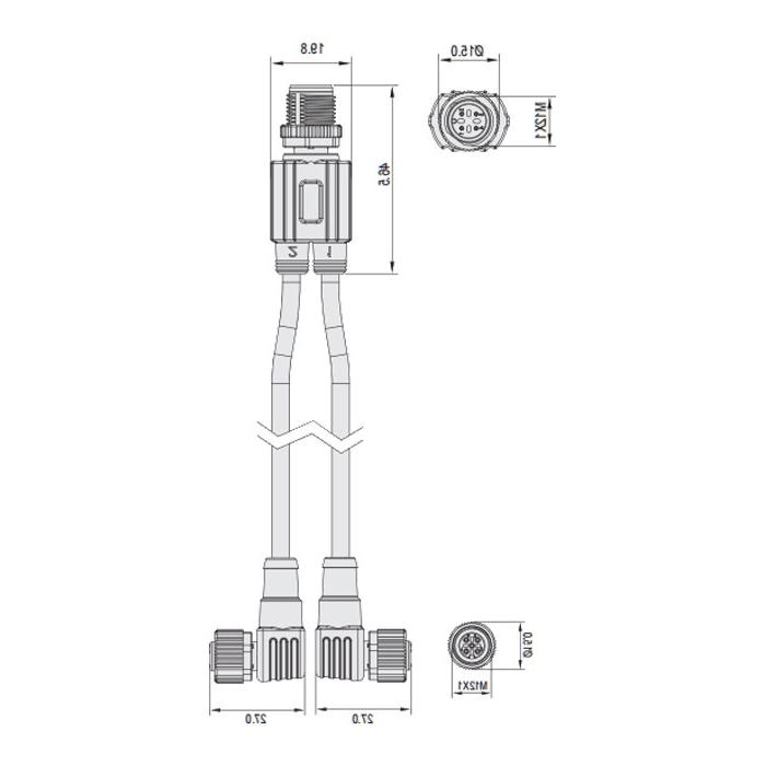 M12 4Pin公头/2M12 3Pin母头90°、Y型预铸防焊渣PUR柔性电缆、黄色护套、64T201-XXX