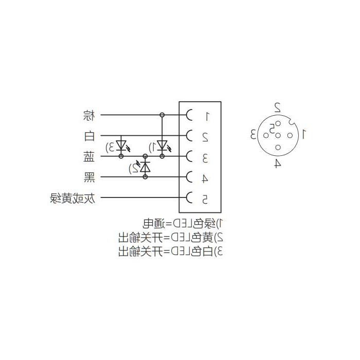 M12 5Pin、引脚5黄绿、母头90°、带LED灯、单端预铸PUR柔性电缆、灰色护套、64S309-XXX