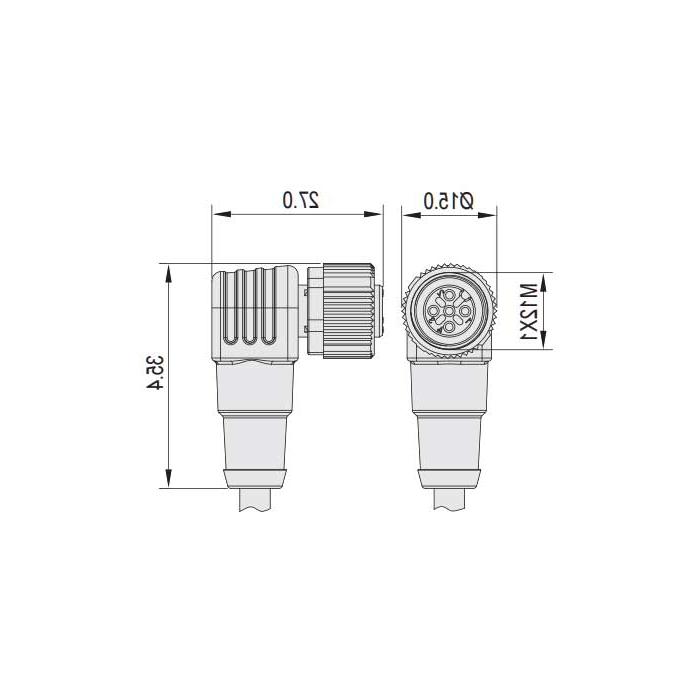 M12 5Pin 、母头90°、引脚5灰色、单端预铸PUR柔性电缆、黑色护套、64S281-XXX